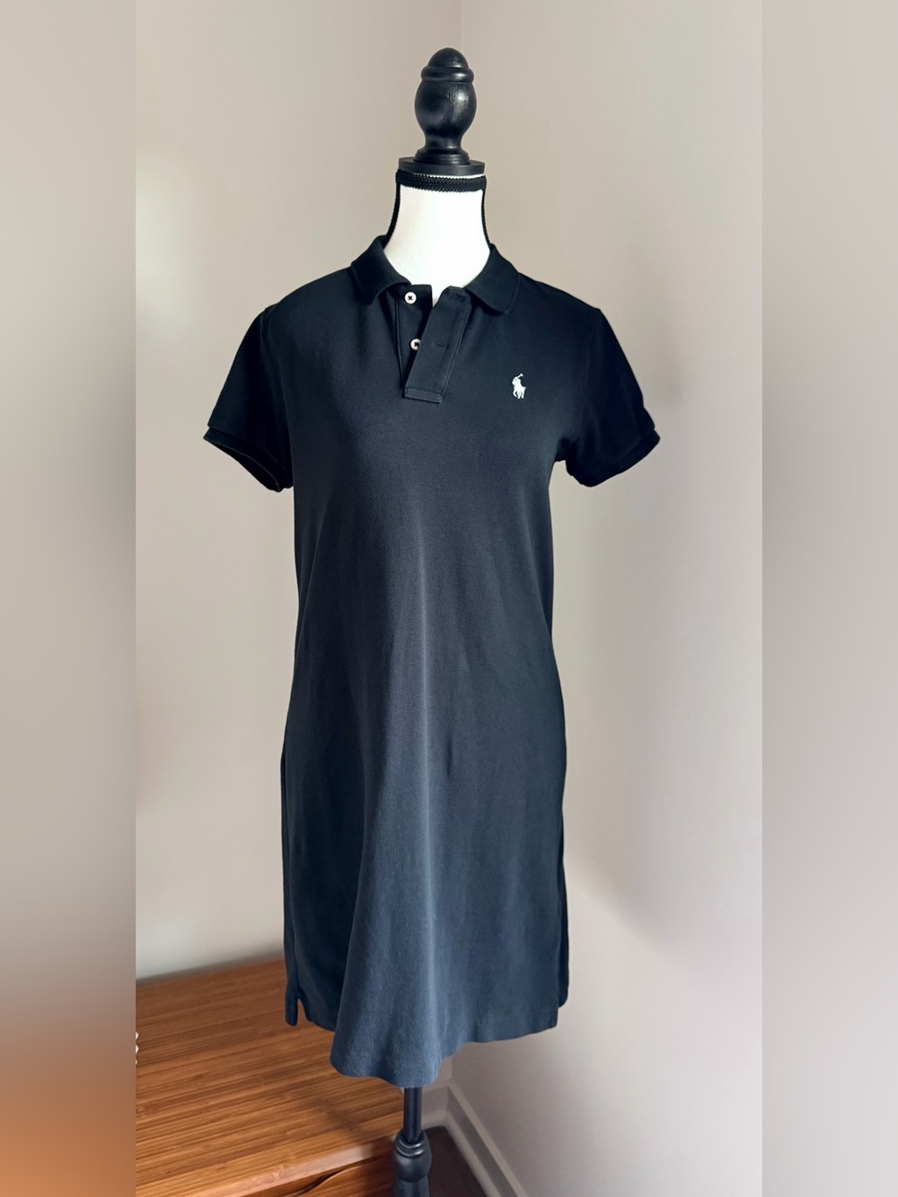 Polo Ralph Lauren Black Cotton Mesh Polo Dress White Pony Logo Size Medium